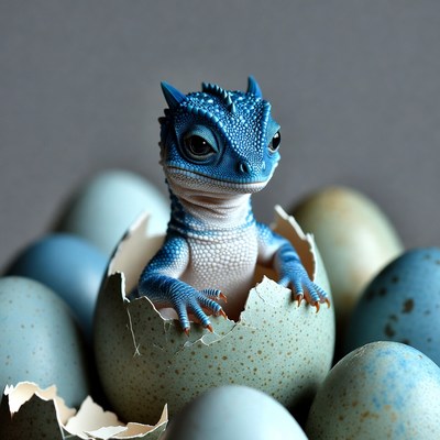 Blue baby dragon hatching from egg