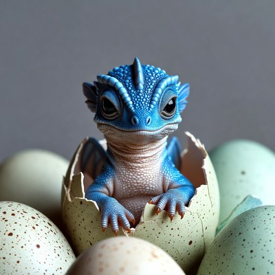 Blue baby dragon hatching from egg