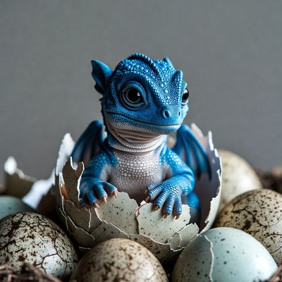 Blue baby dragon hatching from egg