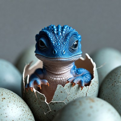 Blue baby dragon hatching from egg