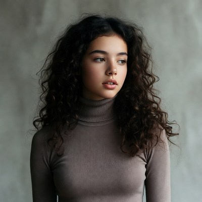 Teen girl with curly hair in turtleneck