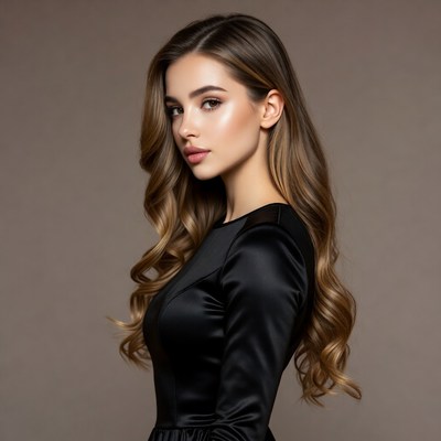 Woman in black dress profile view