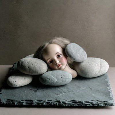 Porcelain Doll Head with Gray Pebbles