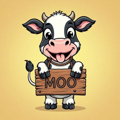 Cartoon Cow Holding MOO Sign