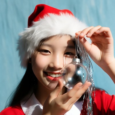 Asian girl holding Christmas ornament