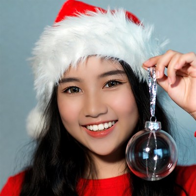 Asian woman holding Christmas ornament