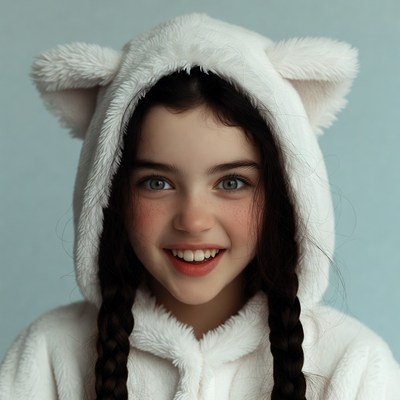 Girl in white cat ear hoodie smiling