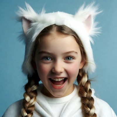 Girl smiling in white cat ears headband