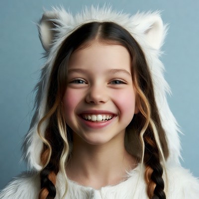 Girl smiling in white cat ears hood