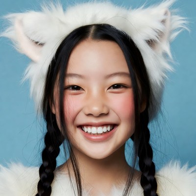 Asian girl smiling in white cat ears