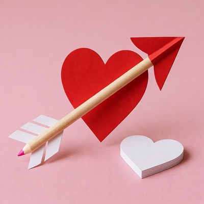 Red Arrow Piercing Heart on Pink Background