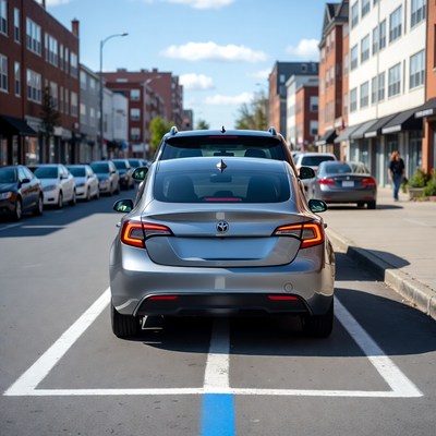 Silver Tesla parked on urban street