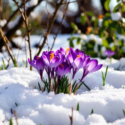 Purple crocuses blooming in snow