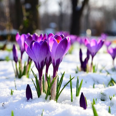 Purple crocuses blooming in snow
