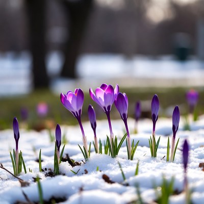 Purple crocuses blooming in snow