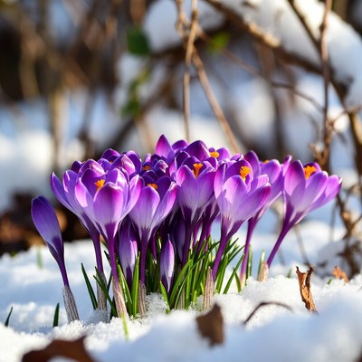 Purple crocuses blooming in snow