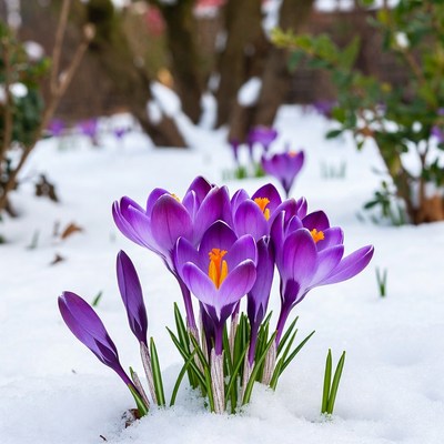 Purple crocuses blooming in snow