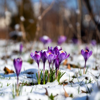 Purple crocuses blooming in snow
