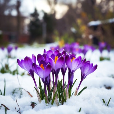 Purple crocuses blooming in snow
