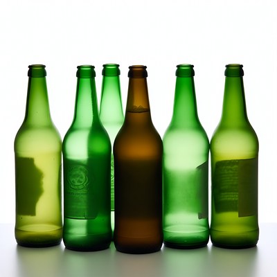 Green beer bottles on white background