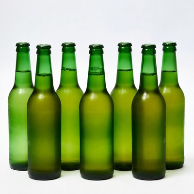 Eight Green Beer Bottles Arranged