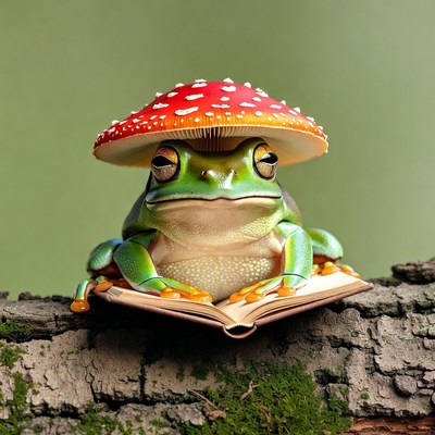 Green frog reading book under mushroom