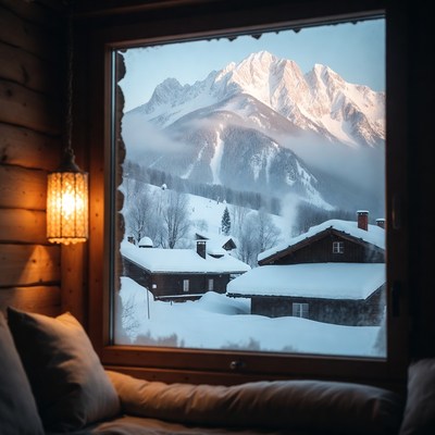 Snowy Mountain Village Through Cabin Window