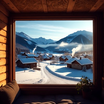 Snowy Mountain Village Through Wooden Window