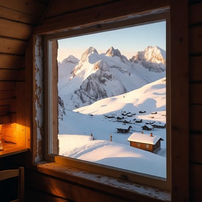 Snowy Mountain View from Wooden Cabin Window