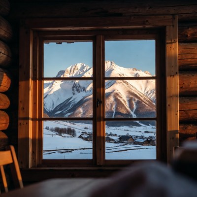 Mountain View Through Wooden Window