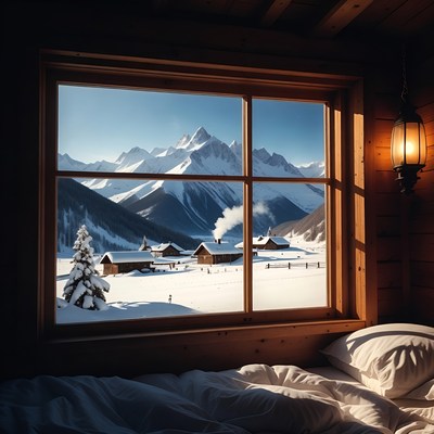 Window View of Snowy Alpine Village