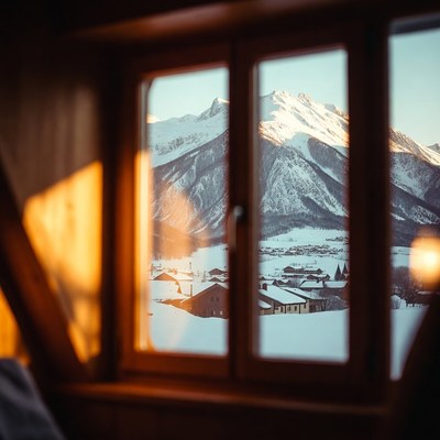Snowy Mountain View Through Window