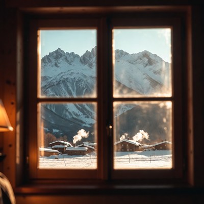 Snowy Mountains Through Wooden Window