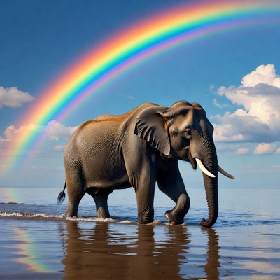 Elephant Walking in Water Under Rainbow