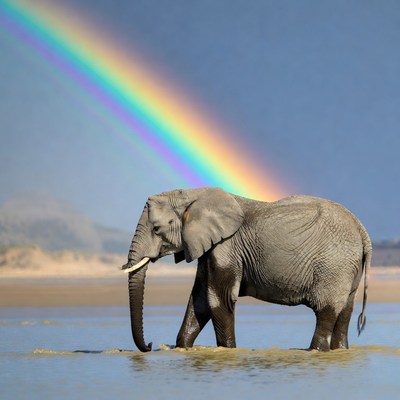 Elephant under rainbow in shallow water