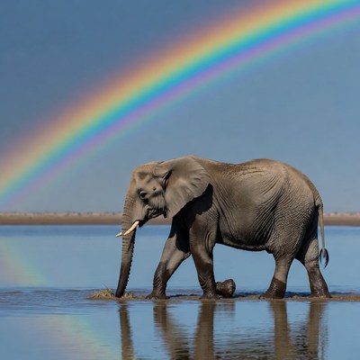 Elephant walking with rainbow