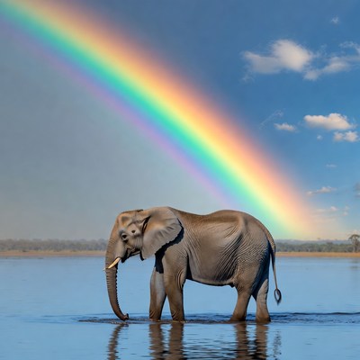 Elephant standing in water under rainbow
