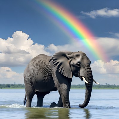Elephant standing in water under rainbow