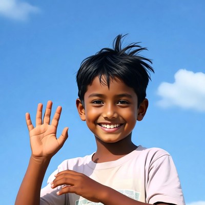 Young Asian boy waving happily