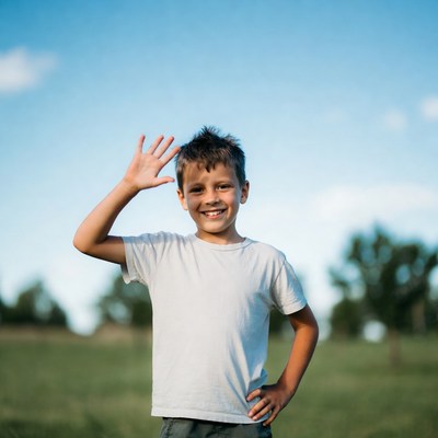 Boy waving hand outdoors