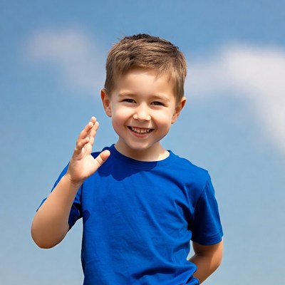 Boy waving in blue shirt