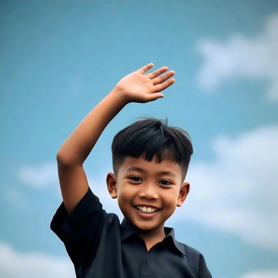 Asian boy waving happily outdoors