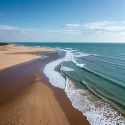 Aerial view of sandy beach and ocean waves