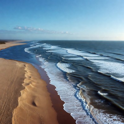 Aerial View of Sandy Beach and Ocean Waves