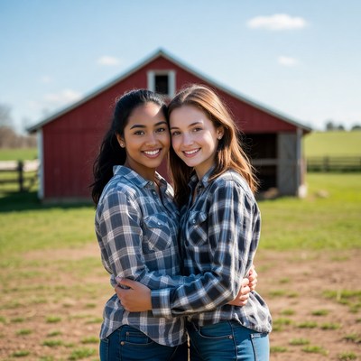 Two girls hugging in front of red barn