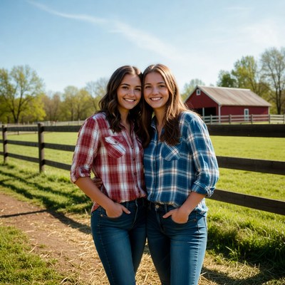 Twin girls in plaid shirts by red barn