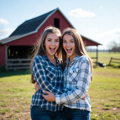 Twin girls hugging in front of red barn