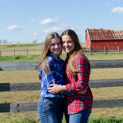 Smiling teenage girls hugging by red barn