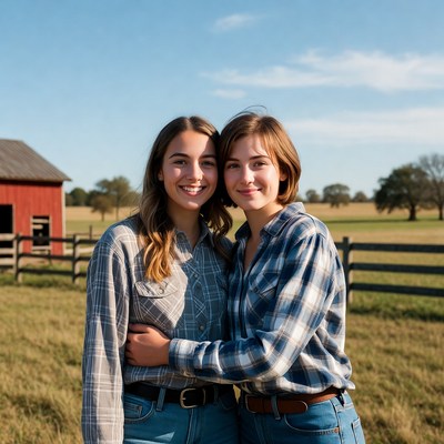 Two smiling women embracing by red barn