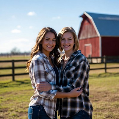 Two women hugging by red barn